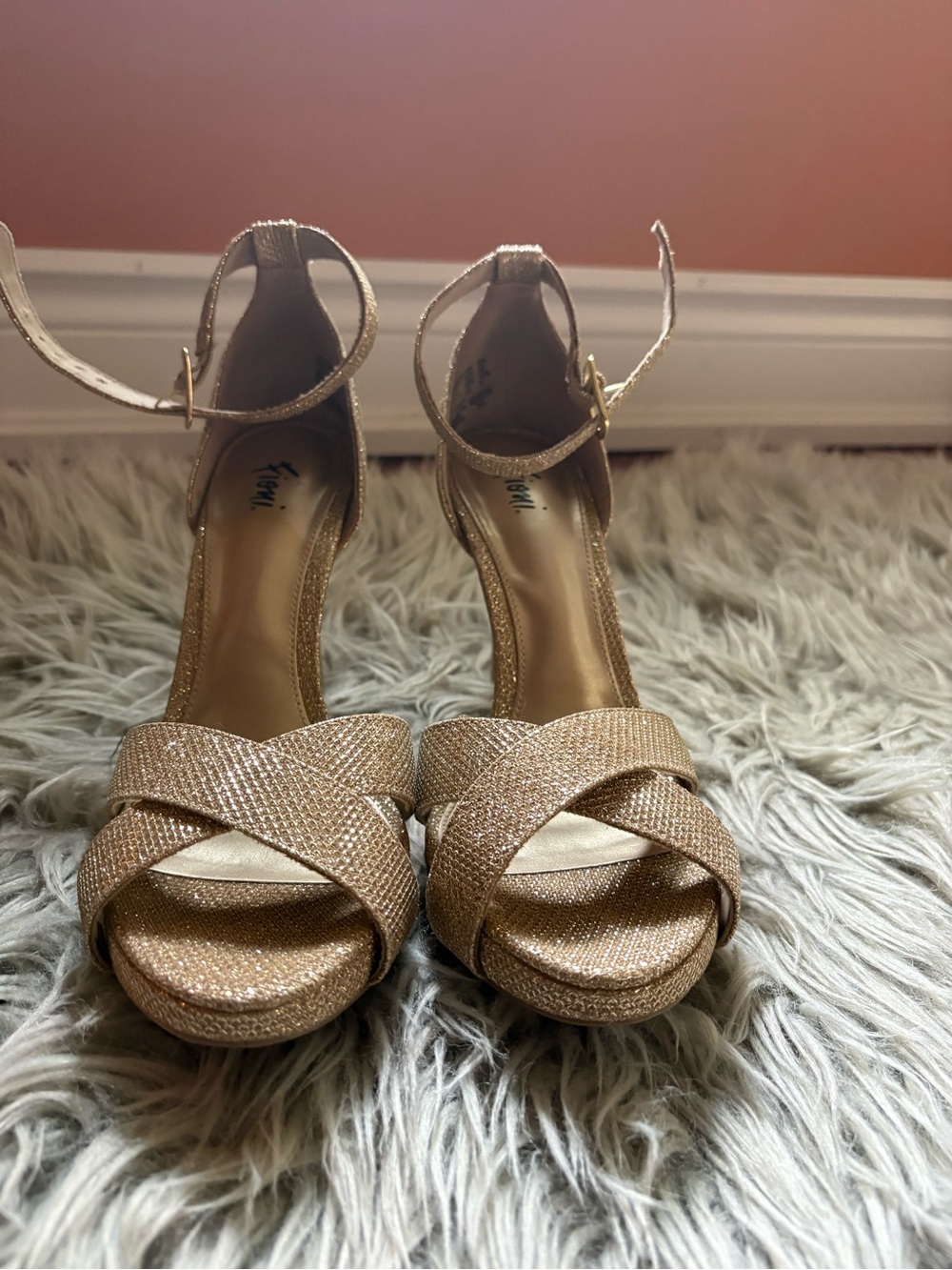 Kensie Rose Gold Glitter Crisscross Ankle-Strap Heels